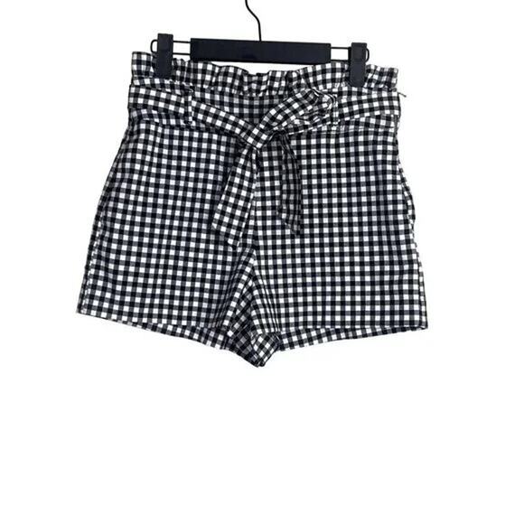 ZARA Paperbag Checker Tie Shorts Hi Waist Ruffles Side Zip Pockets S Black White - Picture 14 of 15